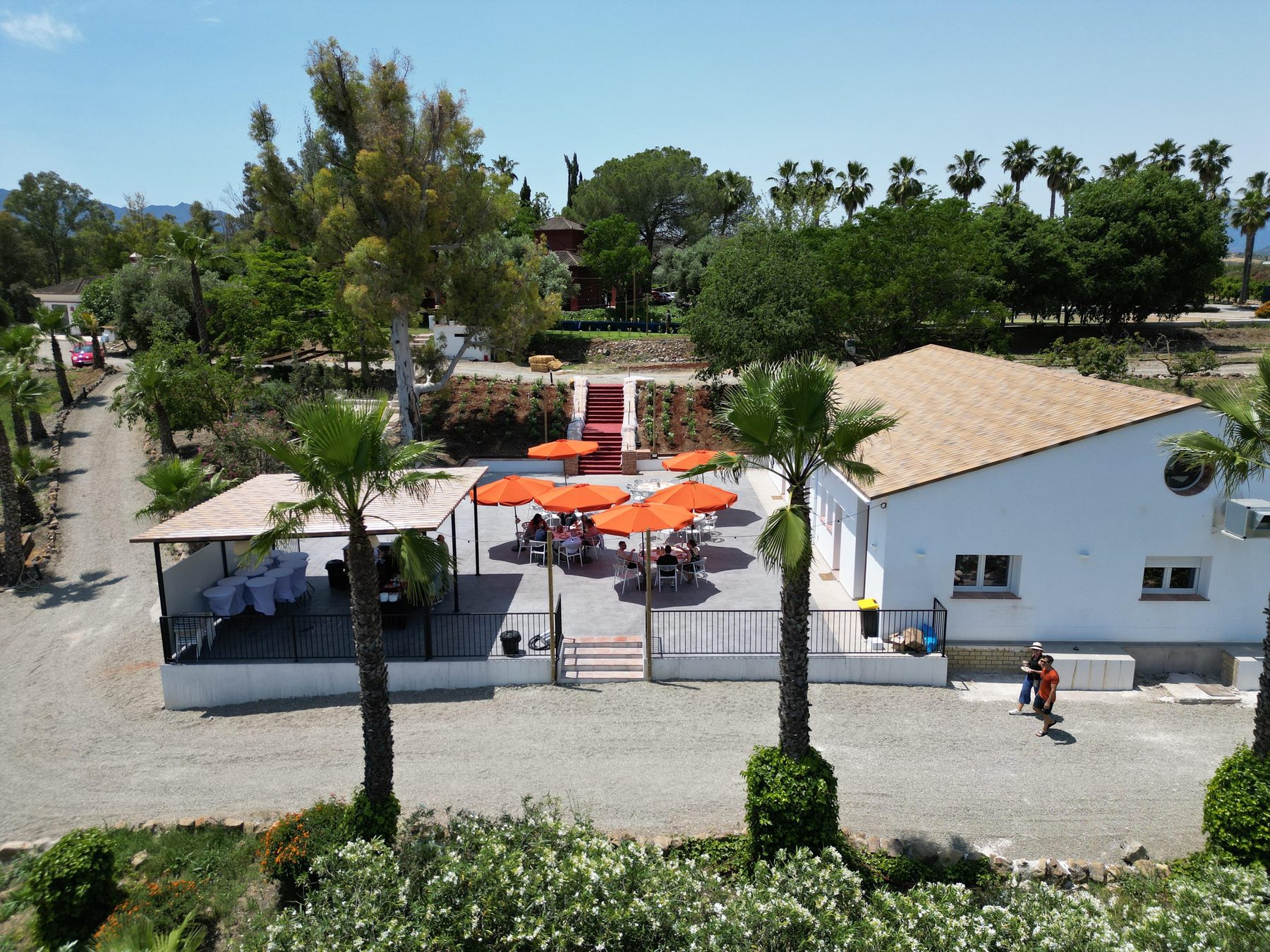 Het terras bij het restaurant met oranje parasols en gasten aan tafel